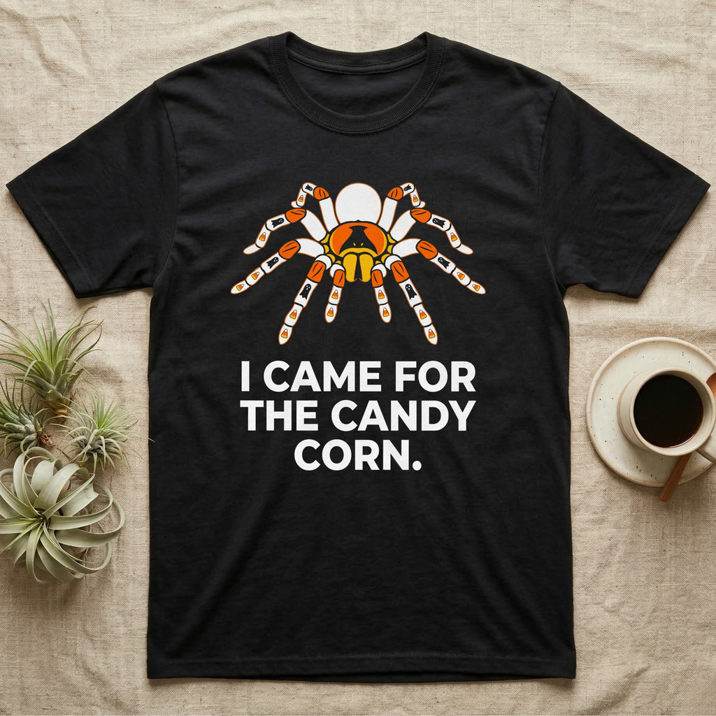 Tarantula Candy Corn T-Shirt in Black — Clean vector tarantula with candy-corn and ghost patterned legs, "I Came for the Candy Corn."