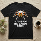 Tarantula Candy Corn T-Shirt in Black — Clean vector tarantula with candy-corn and ghost patterned legs, "I Came for the Candy Corn."