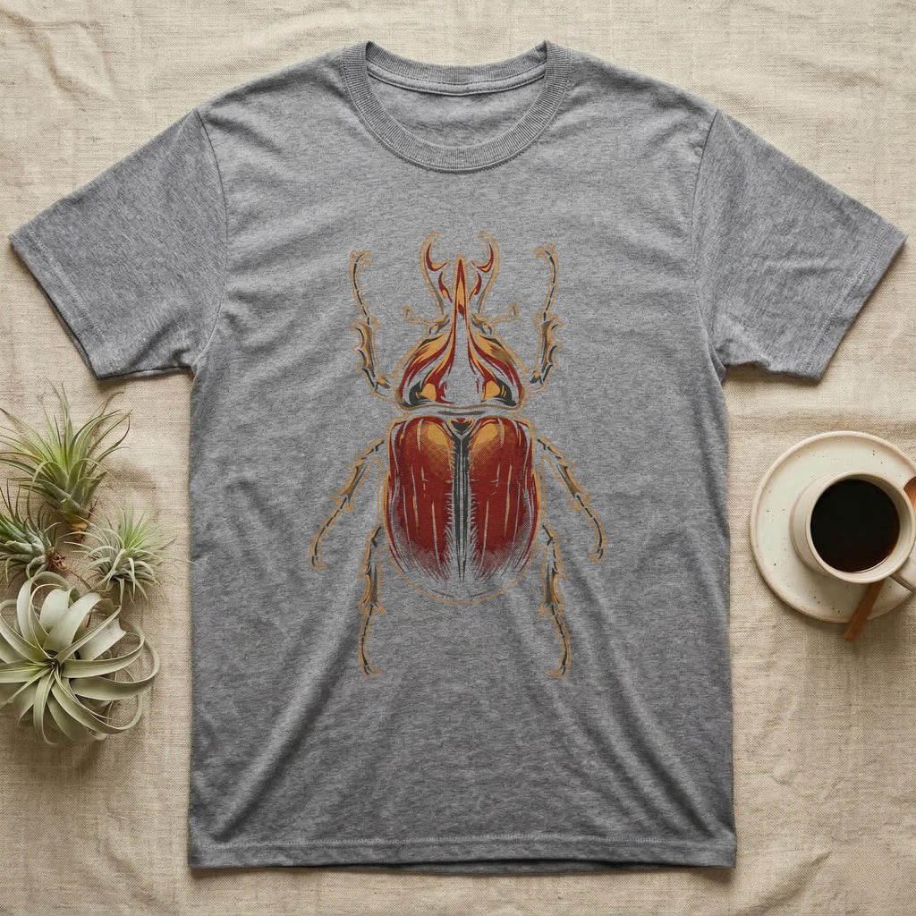 Dorsal-view illustration of a rhinoceros beetle with a forked amber horn and rust-red elytra in bold vintage comic ink line and halftone shading, no on-shirt text. — shown on a Sport Grey tee.