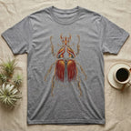 Dorsal-view illustration of a rhinoceros beetle with a forked amber horn and rust-red elytra in bold vintage comic ink line and halftone shading, no on-shirt text. — shown on a Sport Grey tee.