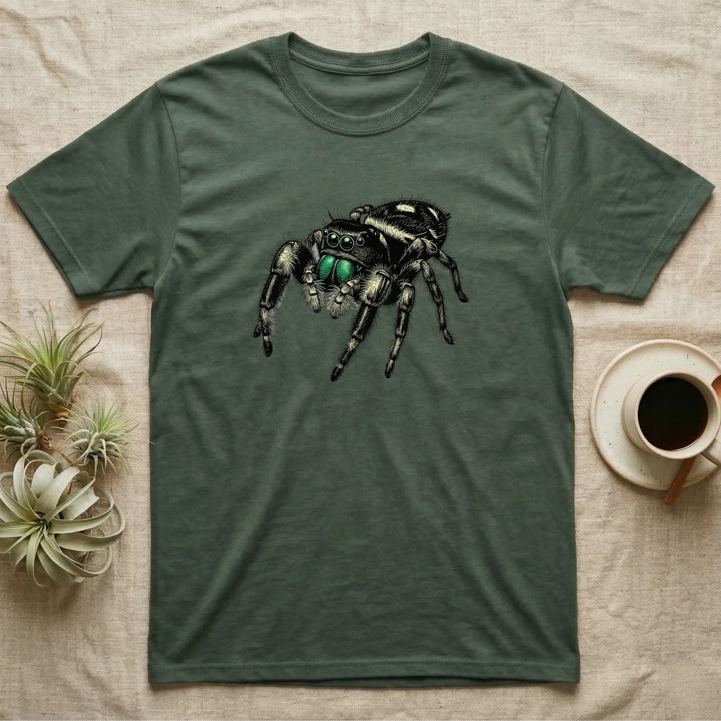 Jumping spider graphic on a green t-shirt with coffee and plants.