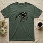 Jumping spider graphic on a green t-shirt with coffee and plants.