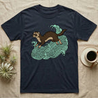 Ferret running through stylized blue waves on a dark t-shirt.