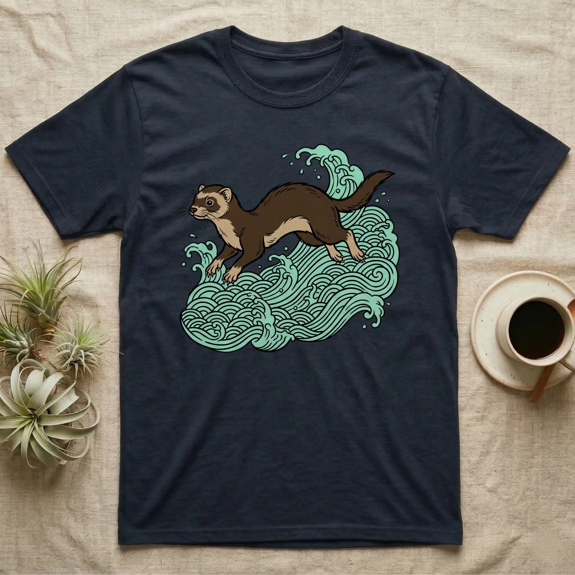 Ferret running through stylized blue waves on a dark t-shirt.