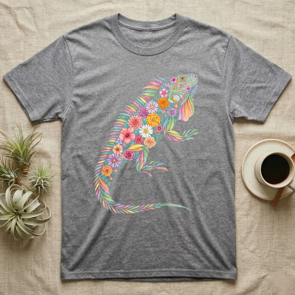 Green Iguana Floral Mosaic T-Shirt in Sport Grey — Watercolour green iguana climbing, its whole body built from painted hibiscus, dandelion and leaf shapes.