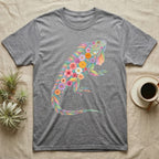 Green Iguana Floral Mosaic T-Shirt in Sport Grey — Watercolour green iguana climbing, its whole body built from painted hibiscus, dandelion and leaf shapes.