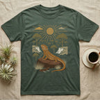 Bearded Dragon Home Range T-Shirt in Military Green — Woodcut-style illustration of a bearded dragon basking on a boulder under a full sun with arid scrub trees and escarpments behind, no on-shirt text.