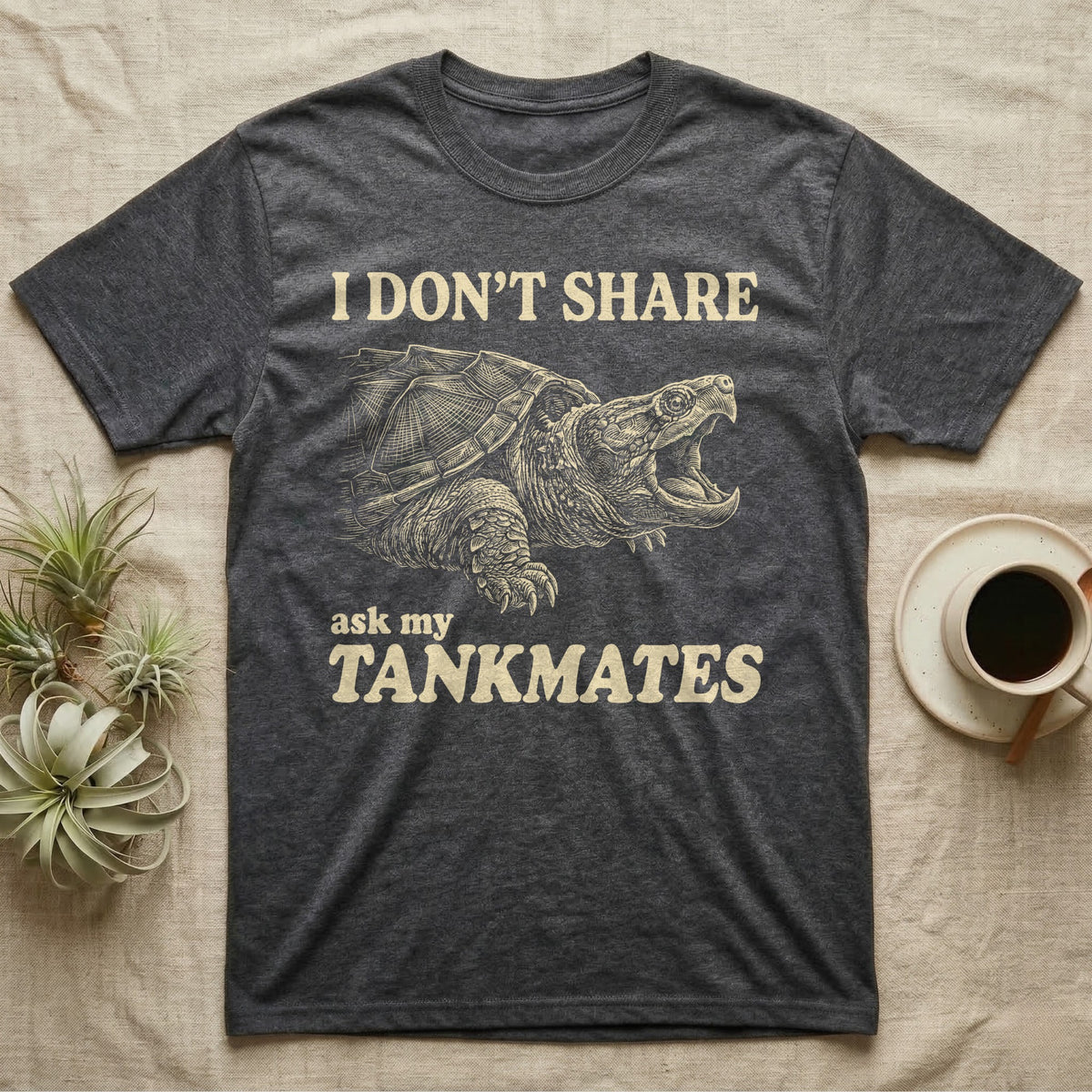 Snapping Turtle Gape T-Shirt in Dark Heather — Cream engraved snapping turtle on black, beak wide open, under cream words: I DON'T SHARE, ask my TANKMATES