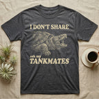 Snapping Turtle Gape T-Shirt in Dark Heather — Cream engraved snapping turtle on black, beak wide open, under cream words: I DON'T SHARE, ask my TANKMATES