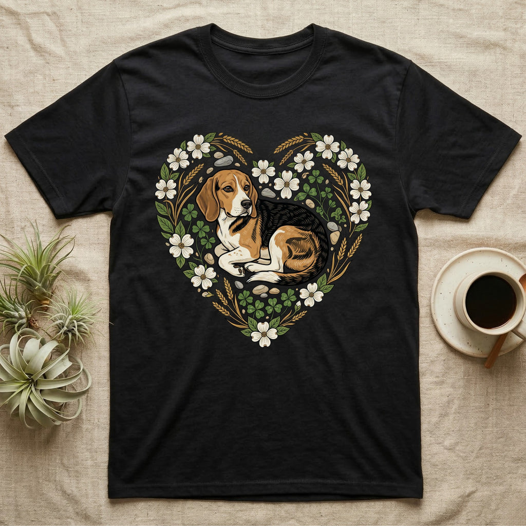 Black t-shirt with a beagle in a heart-shaped floral wreath.