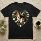 Black t-shirt with a beagle in a heart-shaped floral wreath.