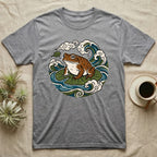 Grey t-shirt with a frog illustration on lily pads and stylized waves.