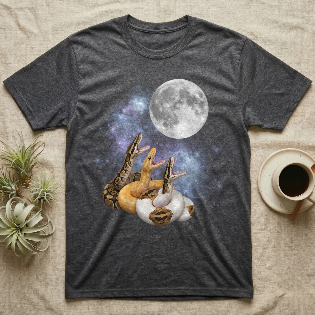 Ball Python Moon Howl T-Shirt in Dark Heather — Three Ball Python colour morphs howling at a full moon over a nebula on a dark grey t-shirt.