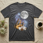 Ball Python Moon Howl T-Shirt in Dark Heather — Three Ball Python colour morphs howling at a full moon over a nebula on a dark grey t-shirt.