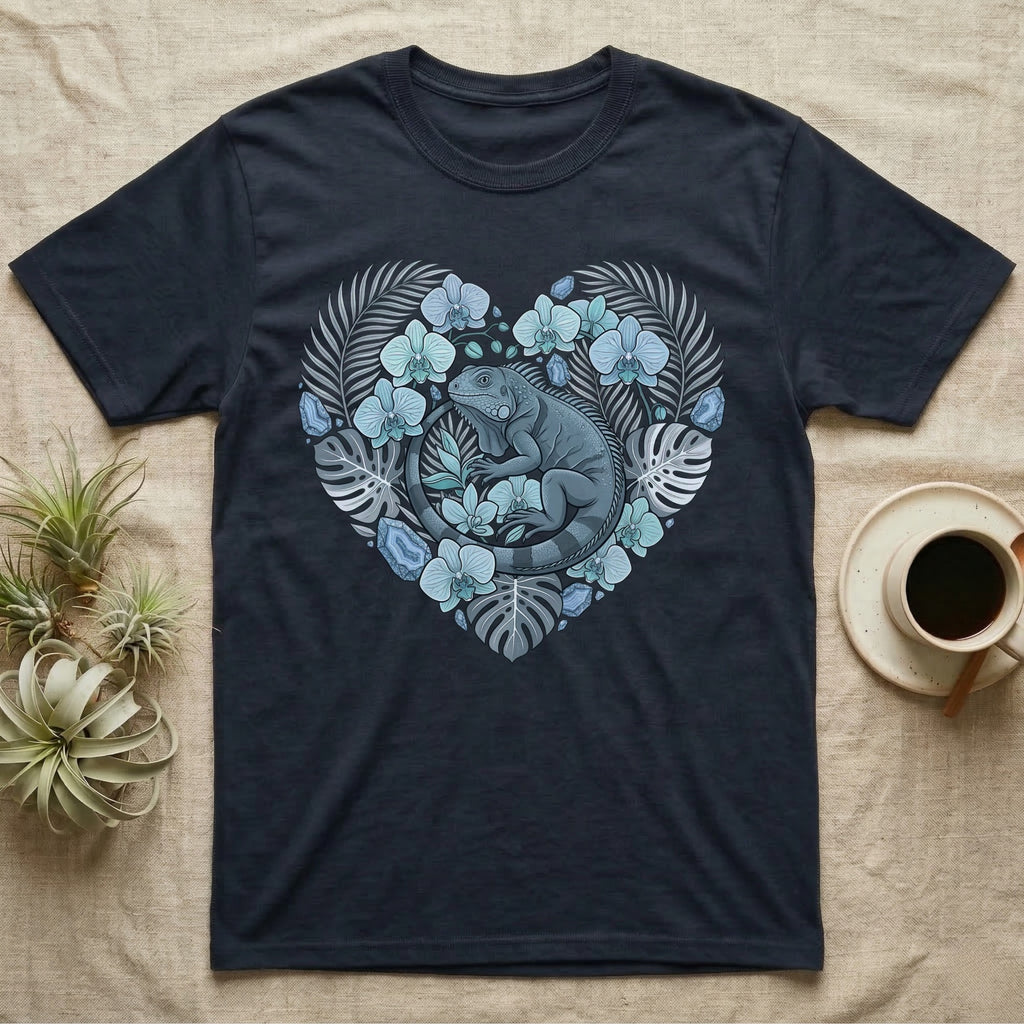 Dark t-shirt with a gray iguana and blue flowers inside a heart-shaped floral design.