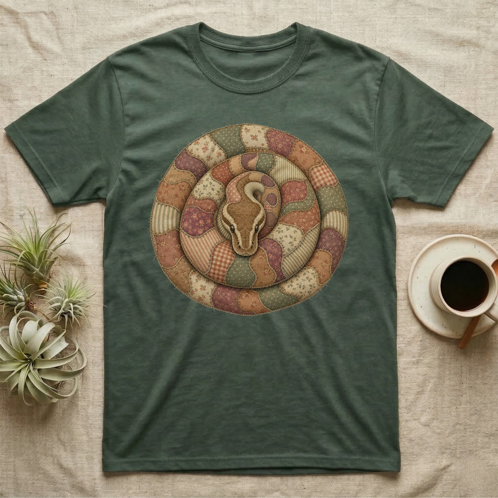 Green t-shirt with coiled snake design in patchwork quilt style.