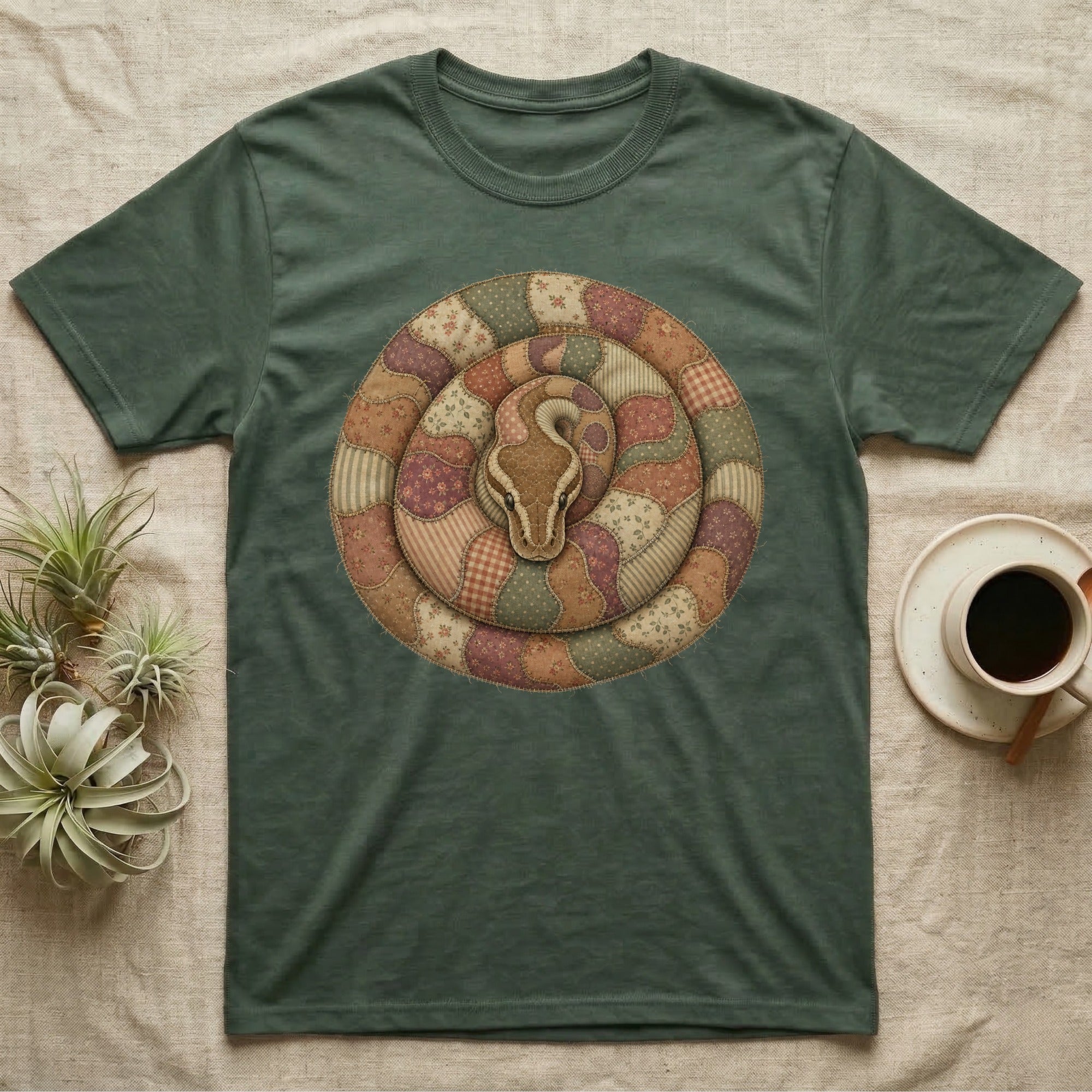 Green t-shirt with coiled snake design in patchwork quilt style.