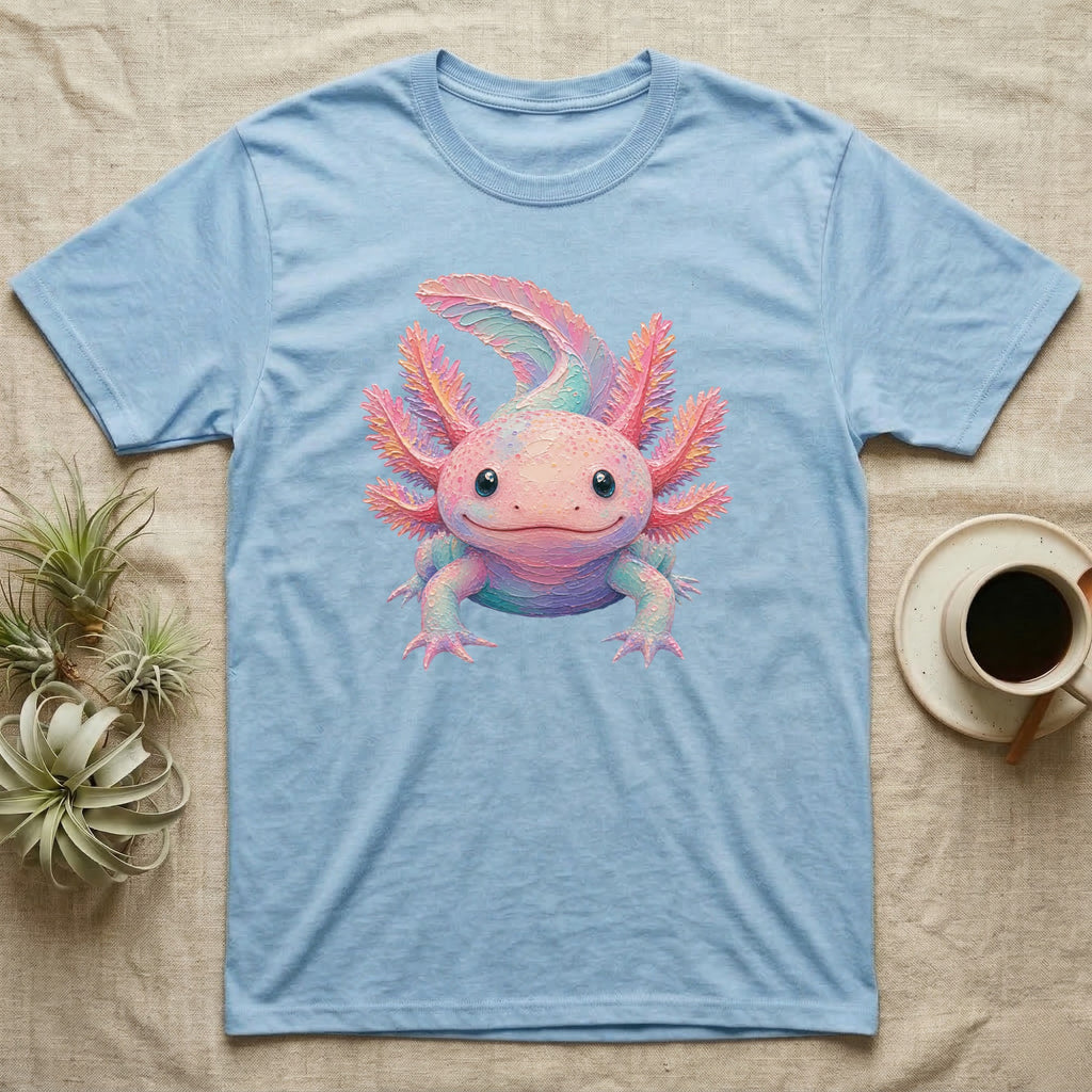 Light blue t-shirt with a colorful axolotl graphic on the front.