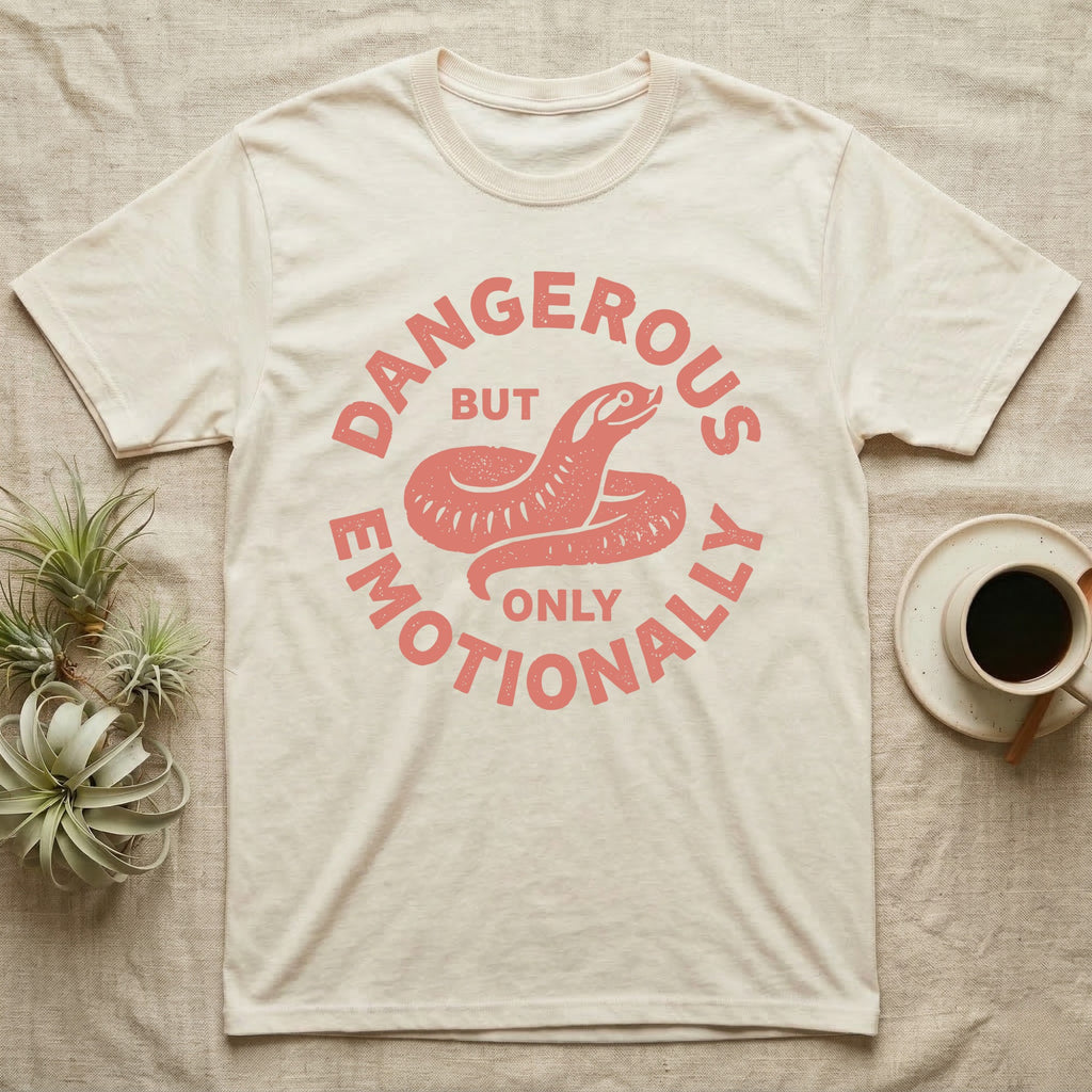 Hognose Snake Emotionally Dangerous T-Shirt in Natural — Block-print western hognose snake reared in one terracotta ink, ringed by the words DANGEROUS BUT ONLY EMOTIONALLY.