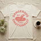 Hognose Snake Emotionally Dangerous T-Shirt in Natural — Block-print western hognose snake reared in one terracotta ink, ringed by the words DANGEROUS BUT ONLY EMOTIONALLY.