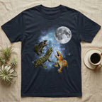 Leachianus Gecko Moon Howl T-Shirt in Navy — Three Leachianus Gecko colour morphs howling at a full moon over a nebula on a dark grey t-shirt.