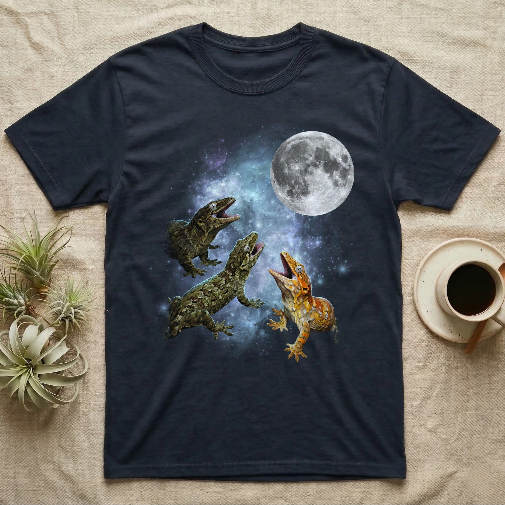 Leachianus Gecko Moon Howl T-Shirt in Navy — Three Leachianus Gecko colour morphs howling at a full moon over a nebula on a dark grey t-shirt.