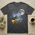 Red-Eared Slider Moon Howl T-Shirt in Dark Heather — Three Red-Eared Slider colour morphs howling at a full moon over a nebula on a dark grey t-shirt.