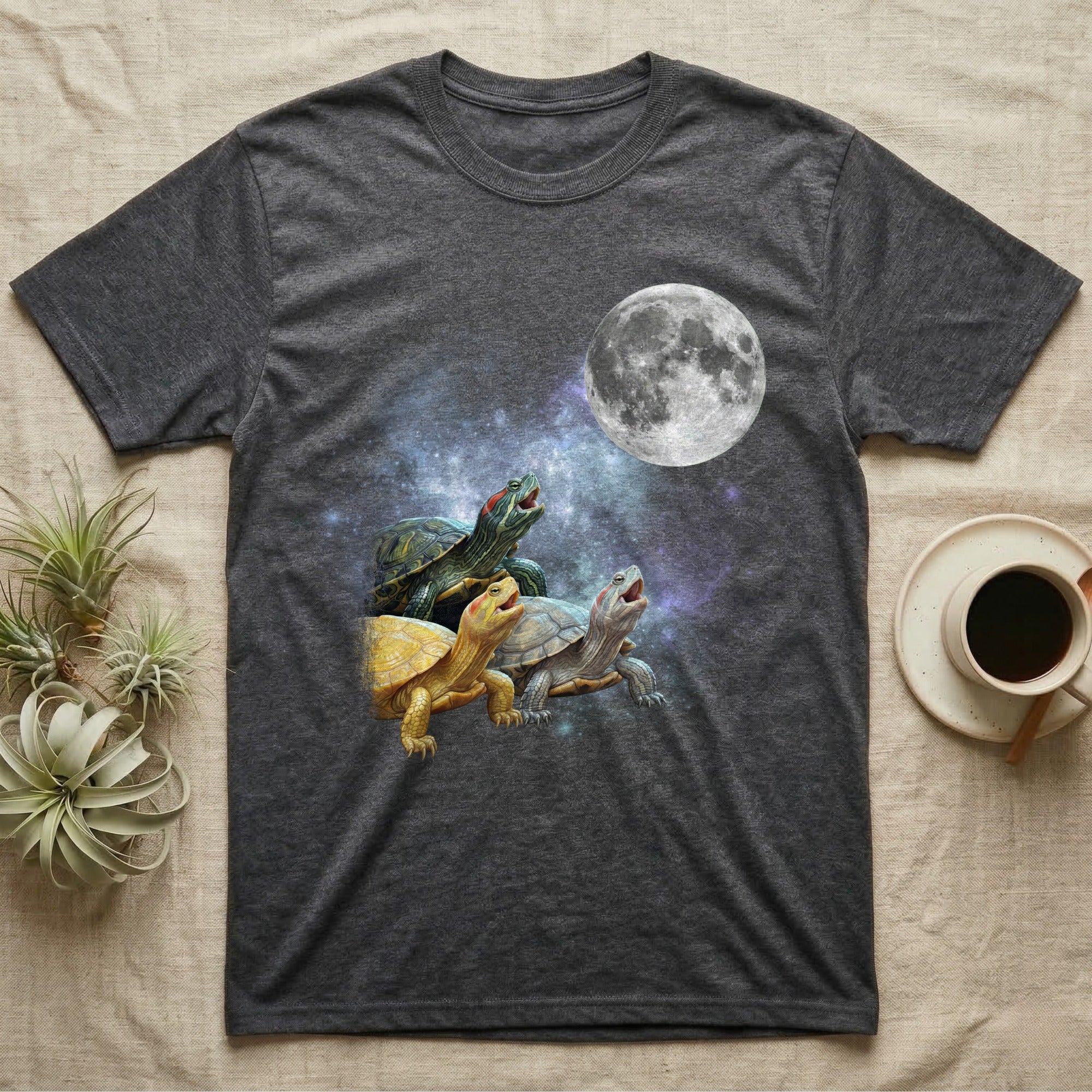 Red-Eared Slider Moon Howl T-Shirt in Dark Heather — Three Red-Eared Slider colour morphs howling at a full moon over a nebula on a dark grey t-shirt.