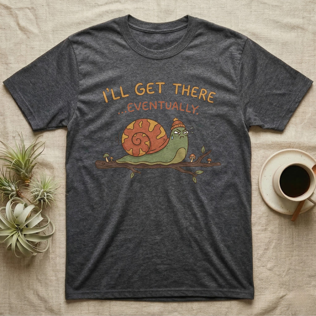 Dark gray t-shirt with cartoon snail on a branch saying "I'll get there eventually."