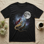 Ackie Monitor Moon Howl T-Shirt in Black — Three Ackie Monitor colour morphs howling at a full moon over a nebula on a dark grey t-shirt.