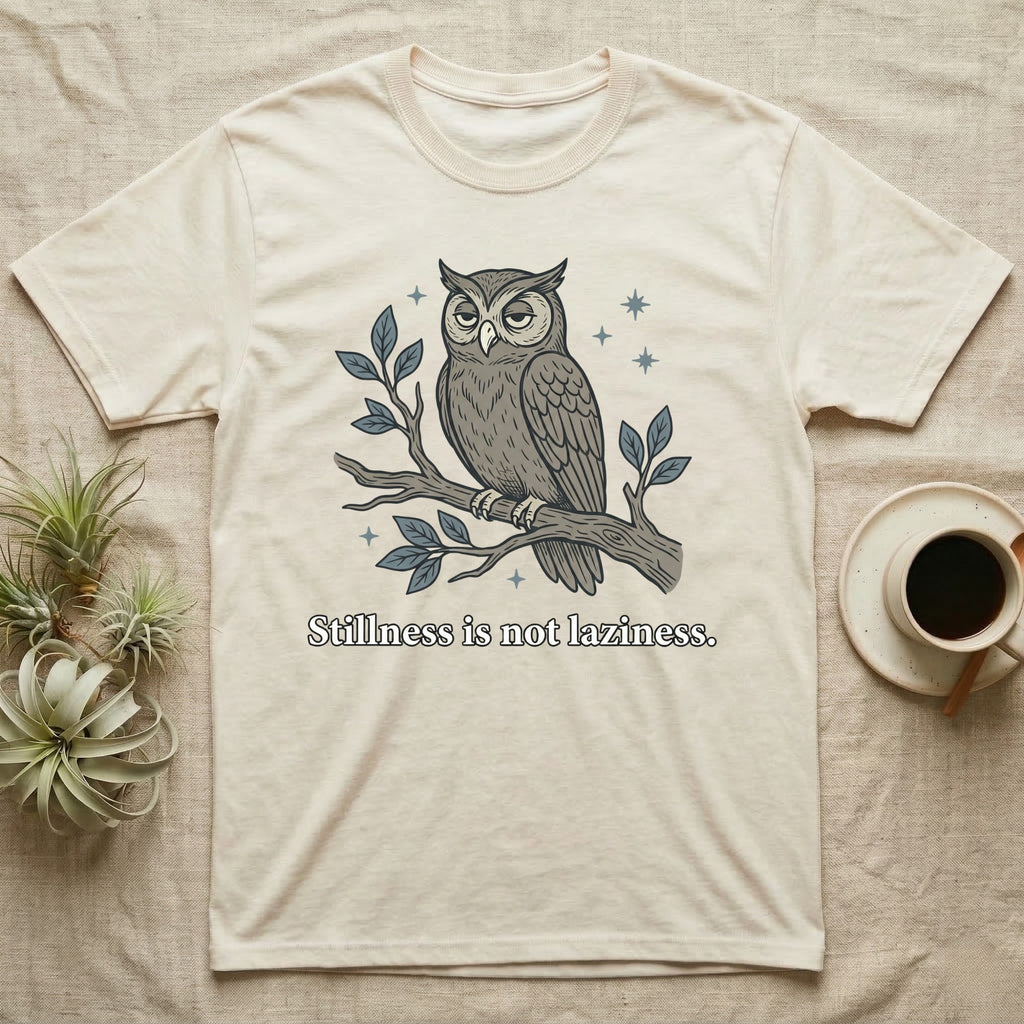 Cream t-shirt with an owl perched on a branch, stating "Stillness is not laziness."