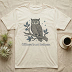 Cream t-shirt with an owl perched on a branch, stating "Stillness is not laziness."