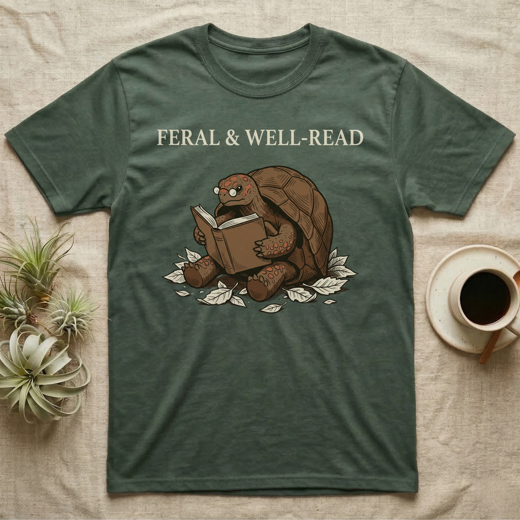 Red-Foot Tortoise Reading T-Shirt in Military Green — Pen-and-ink red-foot tortoise seated reading a book in tiny glasses with cross-hatch shading and cream ink