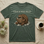 Red-Foot Tortoise Reading T-Shirt in Military Green — Pen-and-ink red-foot tortoise seated reading a book in tiny glasses with cross-hatch shading and cream ink