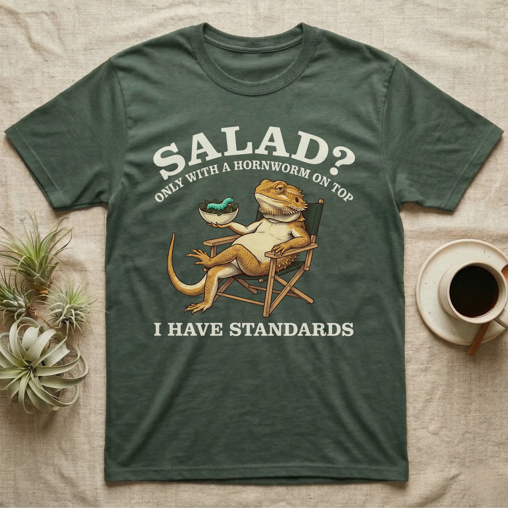 Bearded Dragon Standards T-Shirt in Military Green — Engraved bearded dragon in a camp chair holding greens topped with a hornworm under text Salad? Only With a Hornworm on Top