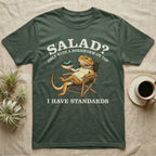 Bearded Dragon Standards T-Shirt in Military Green — Engraved bearded dragon in a camp chair holding greens topped with a hornworm under text Salad? Only With a Hornworm on Top