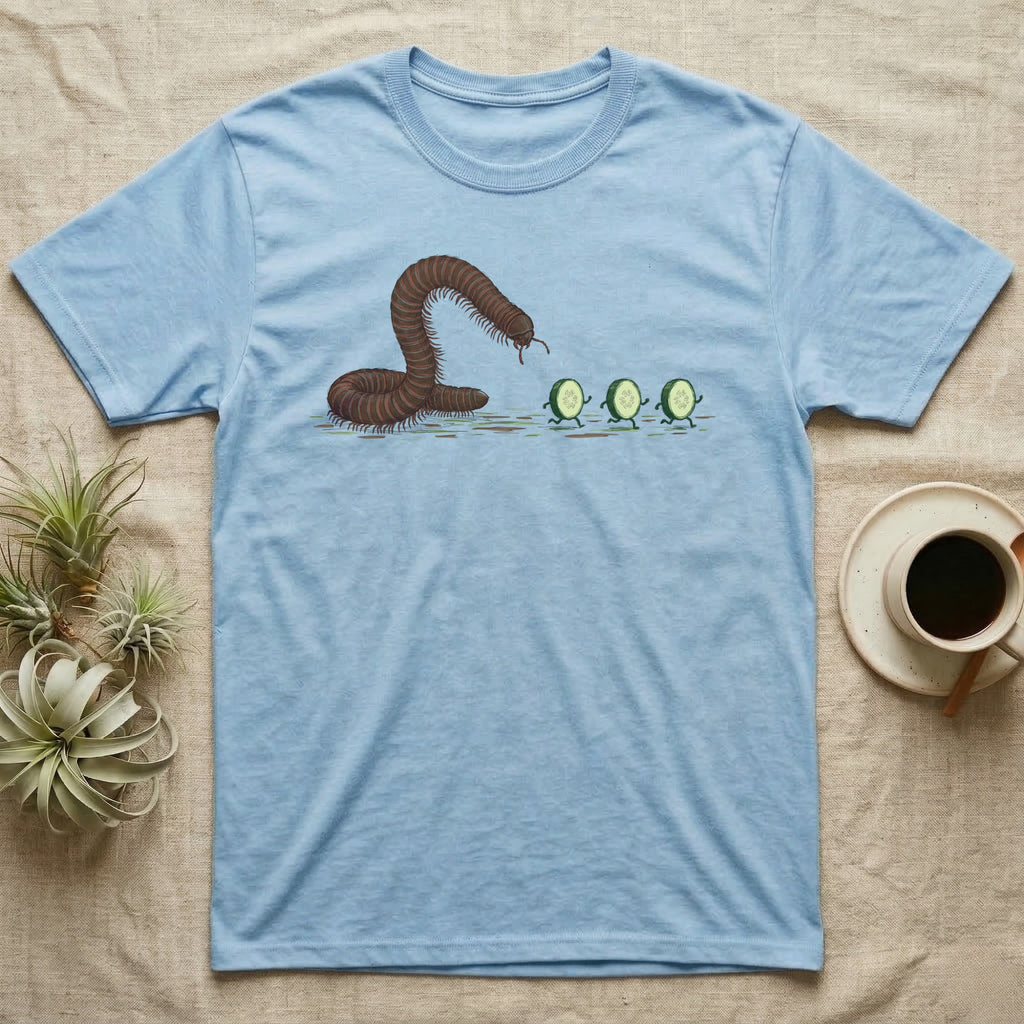 Millipede Cucumber Chase T-Shirt in Light Blue — A huge giant African millipede rearing up and chasing three small cucumber slices running away on tiny legs.