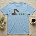 Millipede Cucumber Chase T-Shirt in Light Blue — A huge giant African millipede rearing up and chasing three small cucumber slices running away on tiny legs.