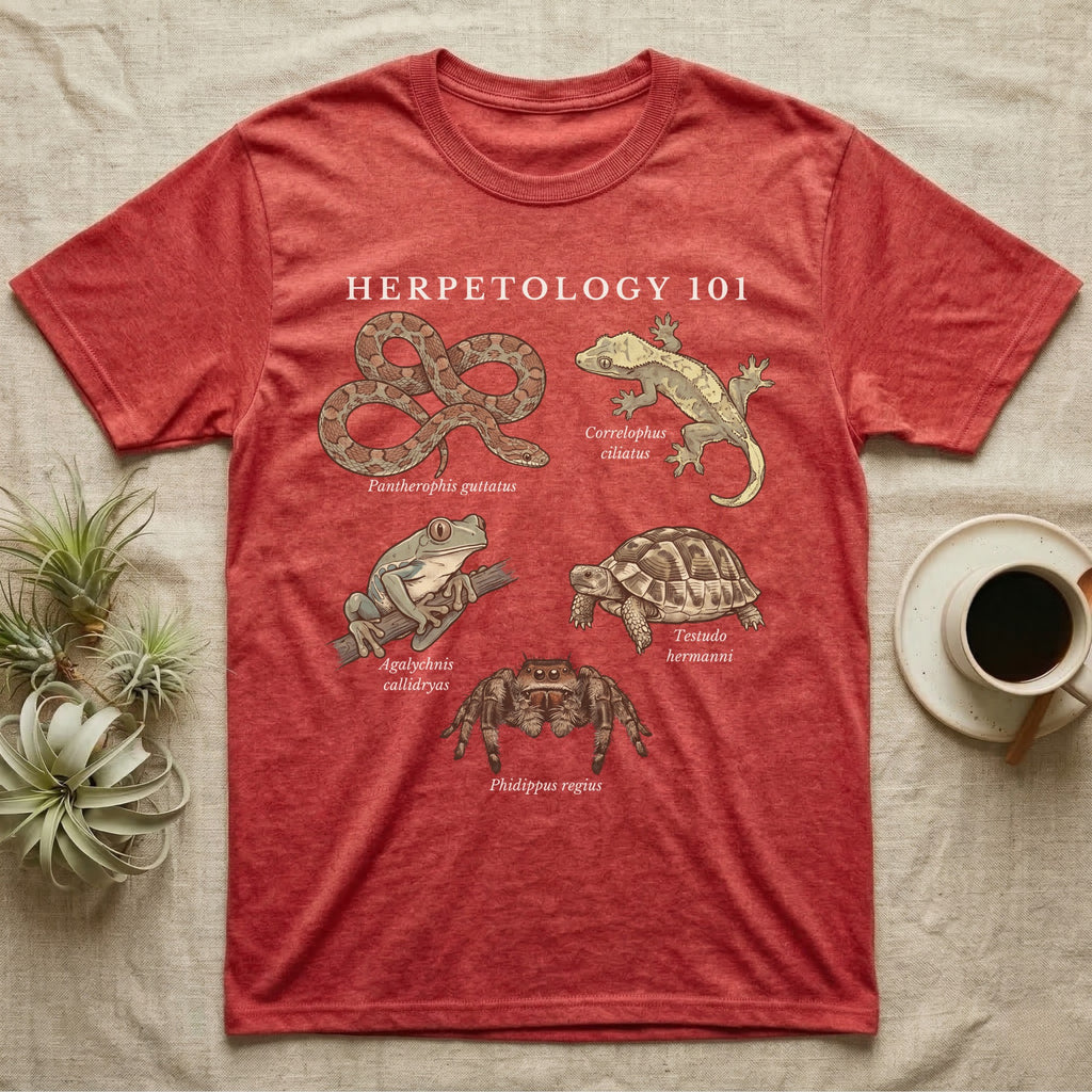 Herpetology 101 Reptile T-Shirt in Heather Red — Vintage naturalist specimen plate of five terrarium animals arranged as a Herpetology 101 field-guide roster.