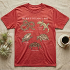 Herpetology 101 Reptile T-Shirt in Heather Red — Vintage naturalist specimen plate of five terrarium animals arranged as a Herpetology 101 field-guide roster.