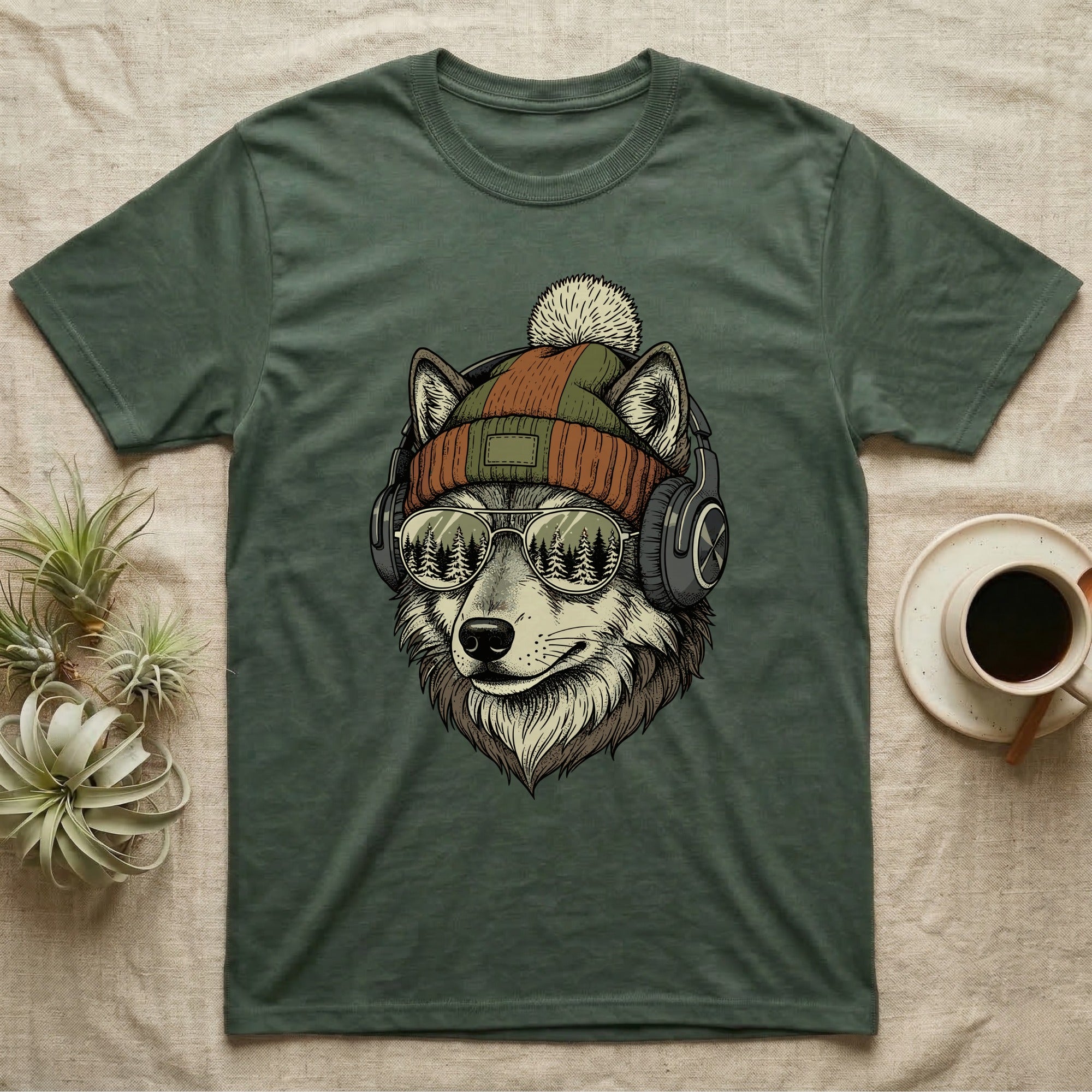 T-shirt featuring a wolf wearing headphones, sunglasses, and a beanie.