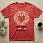 Ball Python Hissing Spiderweb T-Shirt in Heather Red — Minimal continuous-line ball python coiled around a faint spiderweb, "Hissing Is My Love Language."