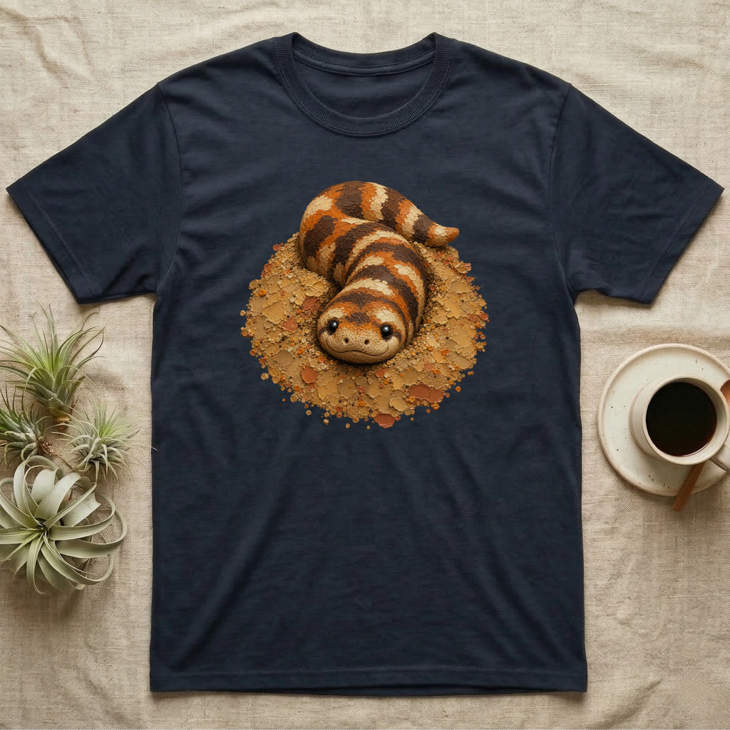 Dark blue t-shirt featuring a cartoon snake emerging from a nest.