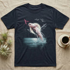 Axolotl Moonlit Surface T-Shirt in Navy — Airbrushed axolotl darting up through moonlit water to gulp air, gills swept back, the full moon eclipsed behind its body.