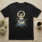 Black t-shirt featuring a stylized degu holding a Japanese character on stacked zen stones.