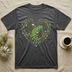 Dark grey t-shirt with a green lizard and floral heart design.
