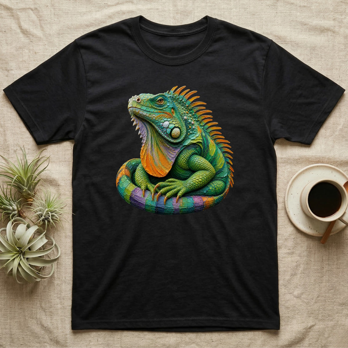 Black t-shirt featuring a colorful, detailed iguana illustration with orange, green, and purple accents.