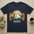 Three Hognose Moon Tee in Navy — Retro-illustration of three western hognose snakes in distinct death-feign poses around a stratified halftone full moon.