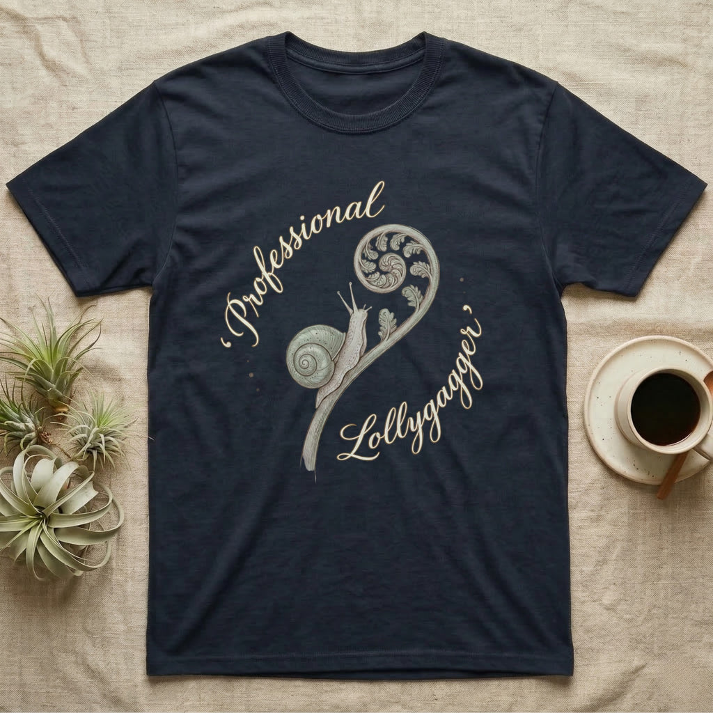 Navy t-shirt with a fern and snail graphic and "Professional Lollygagger" text.