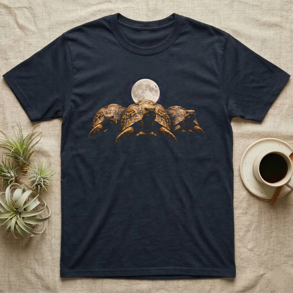 Leopard Tortoise Moon T-Shirt in Navy — Three leopard tortoises facing out under a full moon and nebula, dissolving into black.